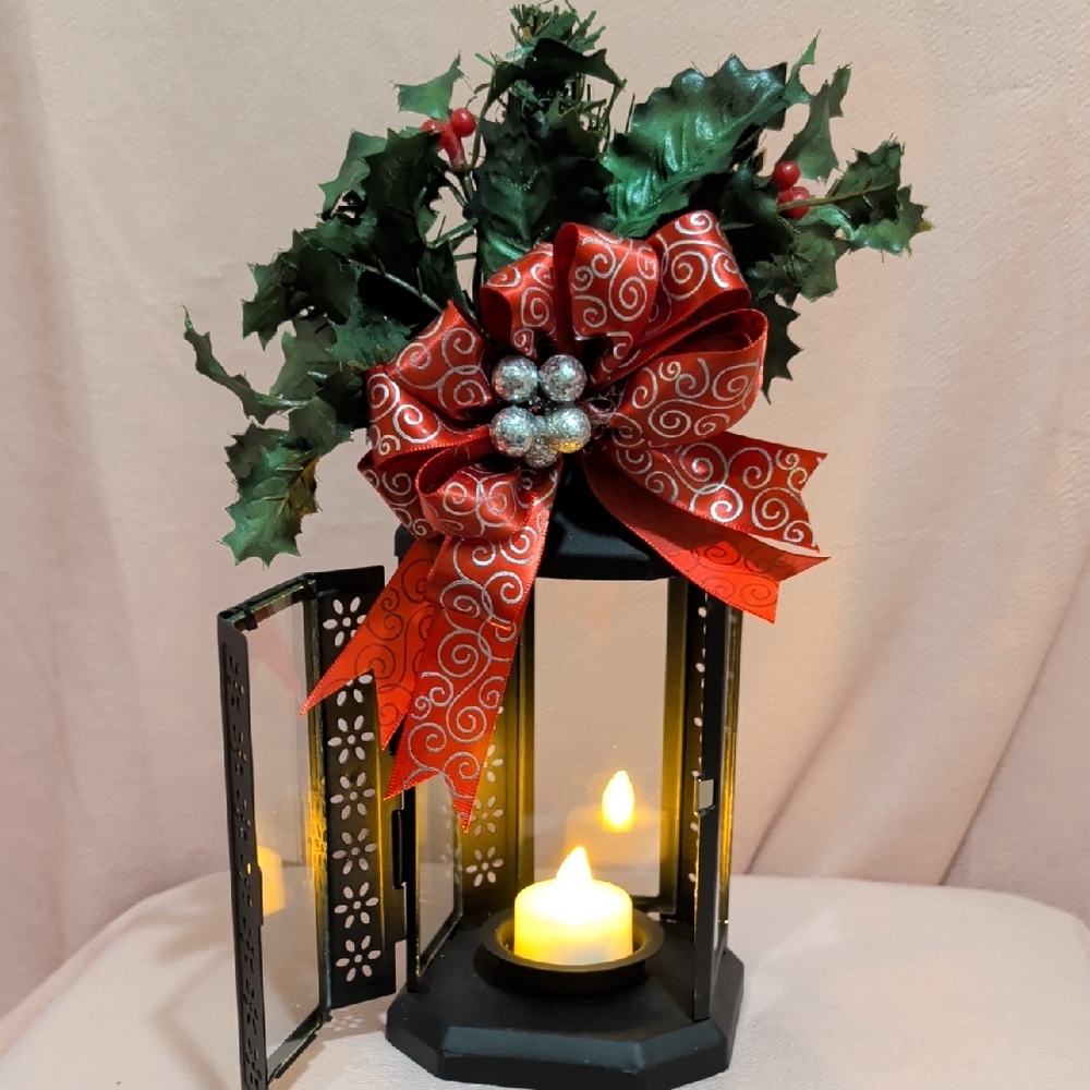 Festive Lantern with Red Bow and Greenery